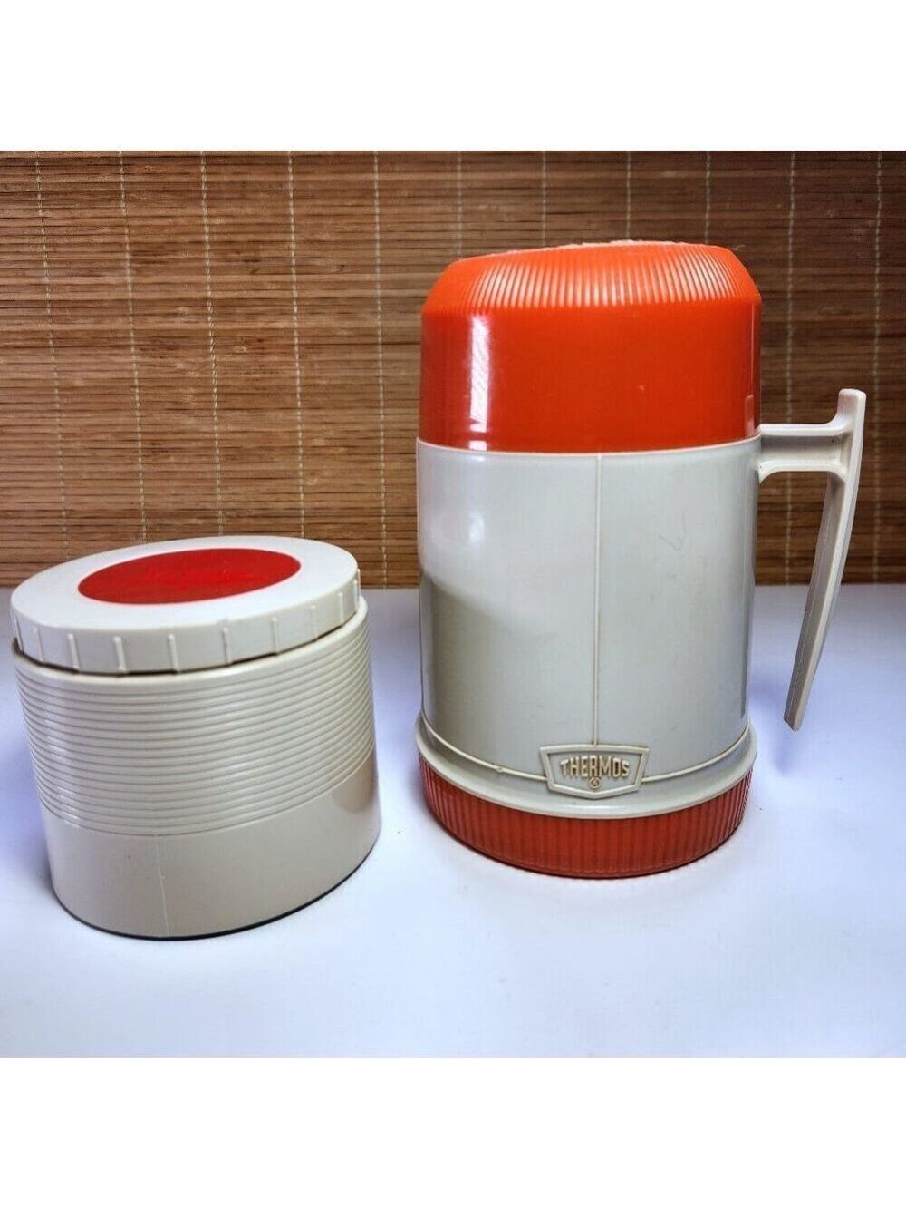 Vintage Thermos Pair Canada Model 6002 Wide Mouth 1155 Food Jar Beige Orange MCM